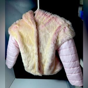 Monnalisa short faux fur pink and yellow puffer sleeved girls jacket/vest size 6